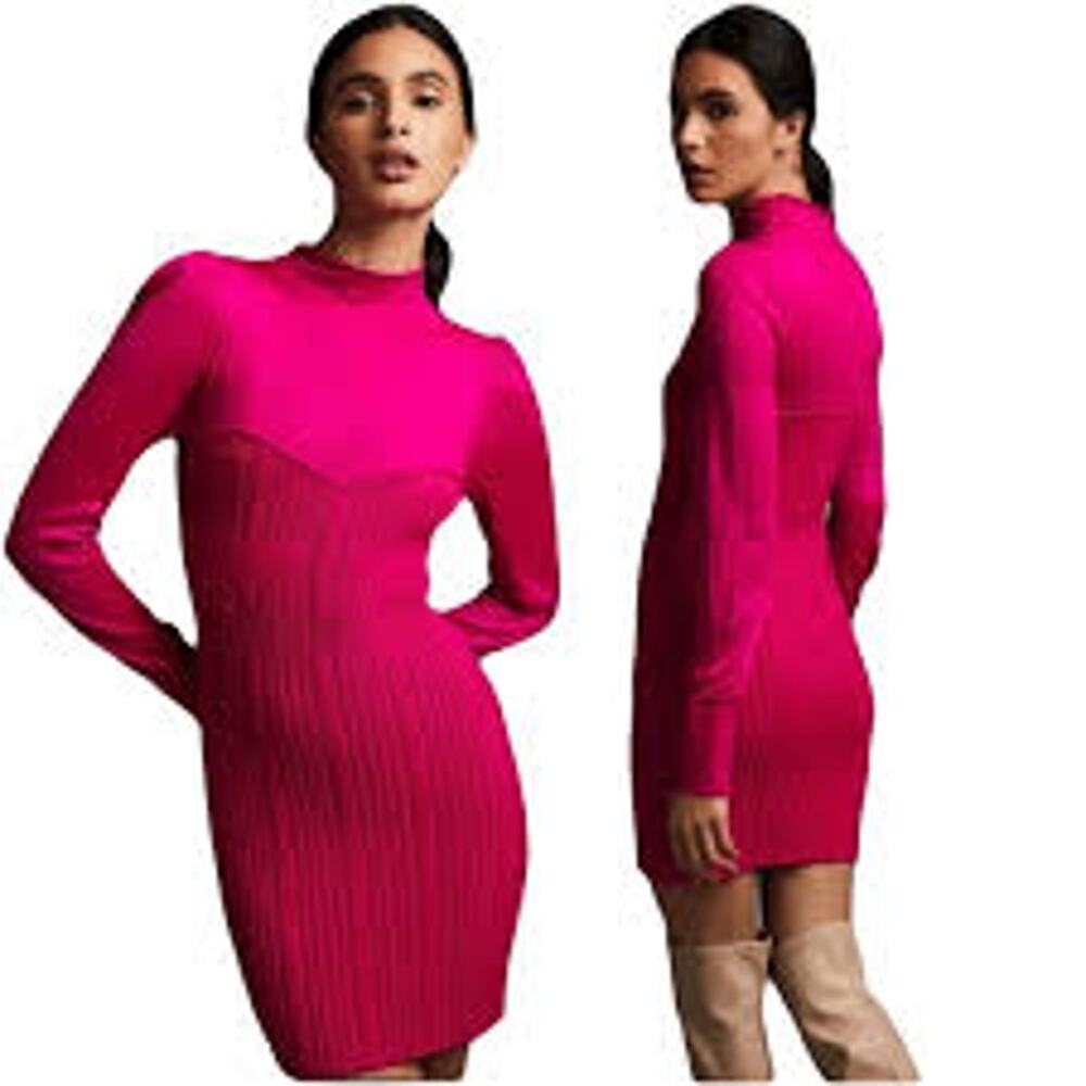 Anthropologie M Turtleneck Hot pink Sweater Dress long sleeves MSRP $160